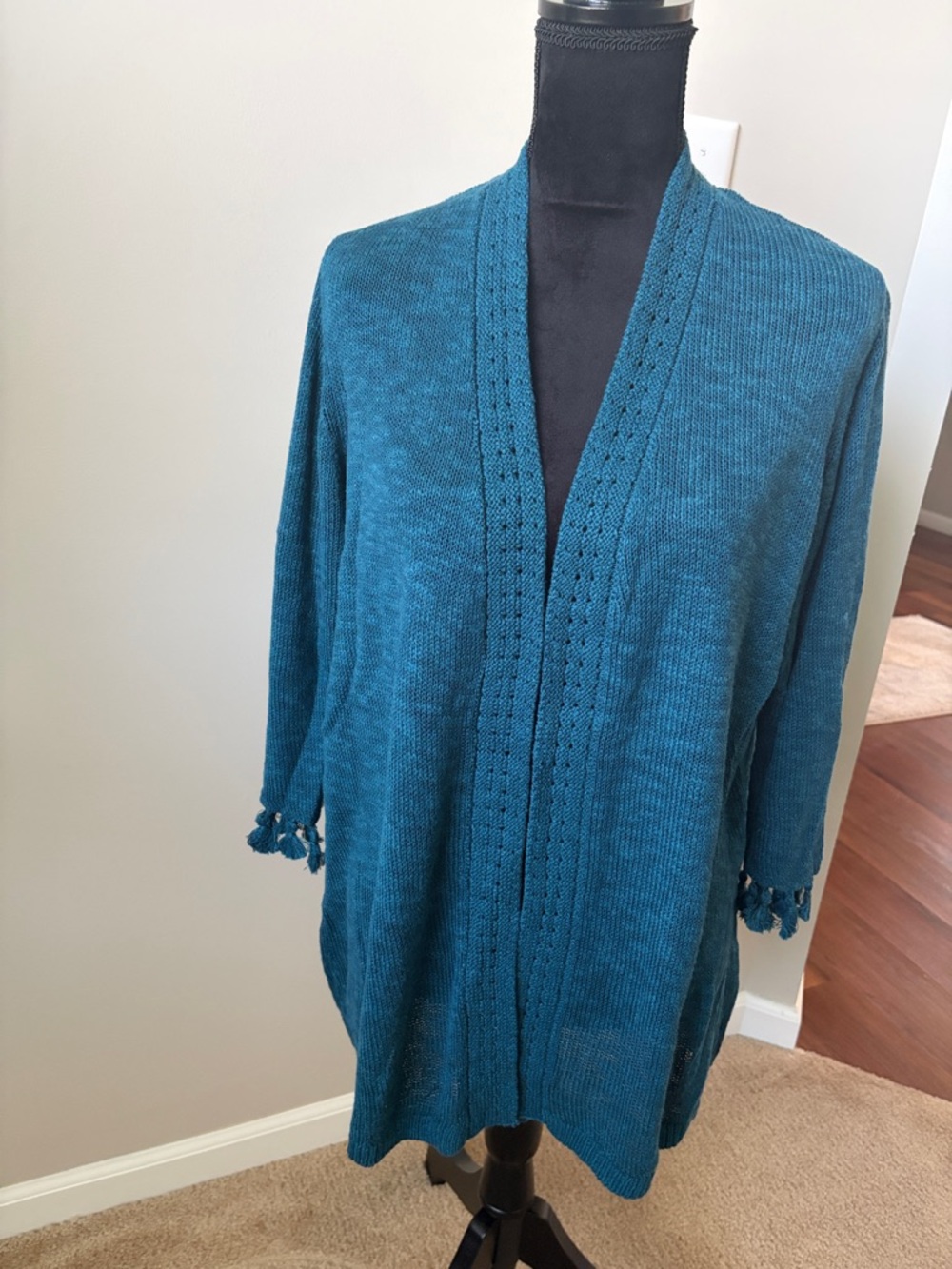 Teal Open-Front Knit Cardigan with Tassel Detail